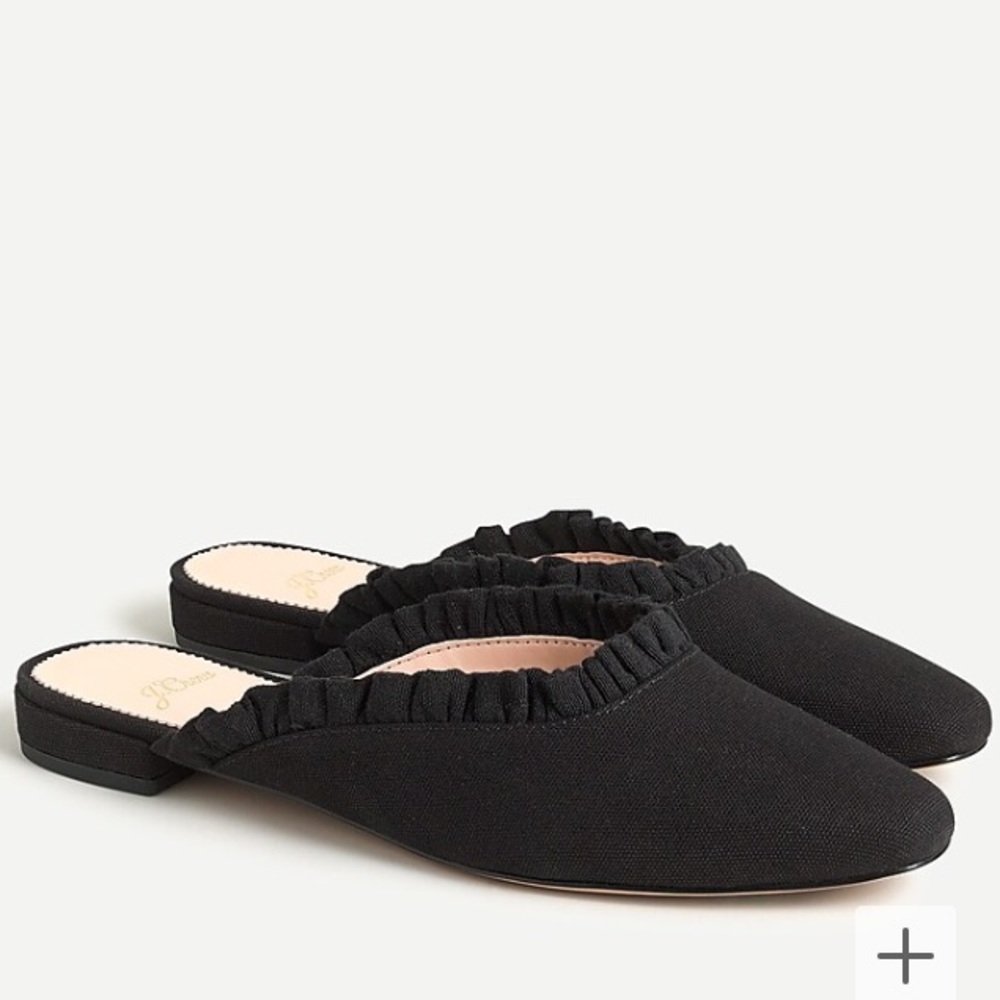 JCrew CAROLYN MULE FLATS IN CANVAS WITH RUFFLE size 9.5 black